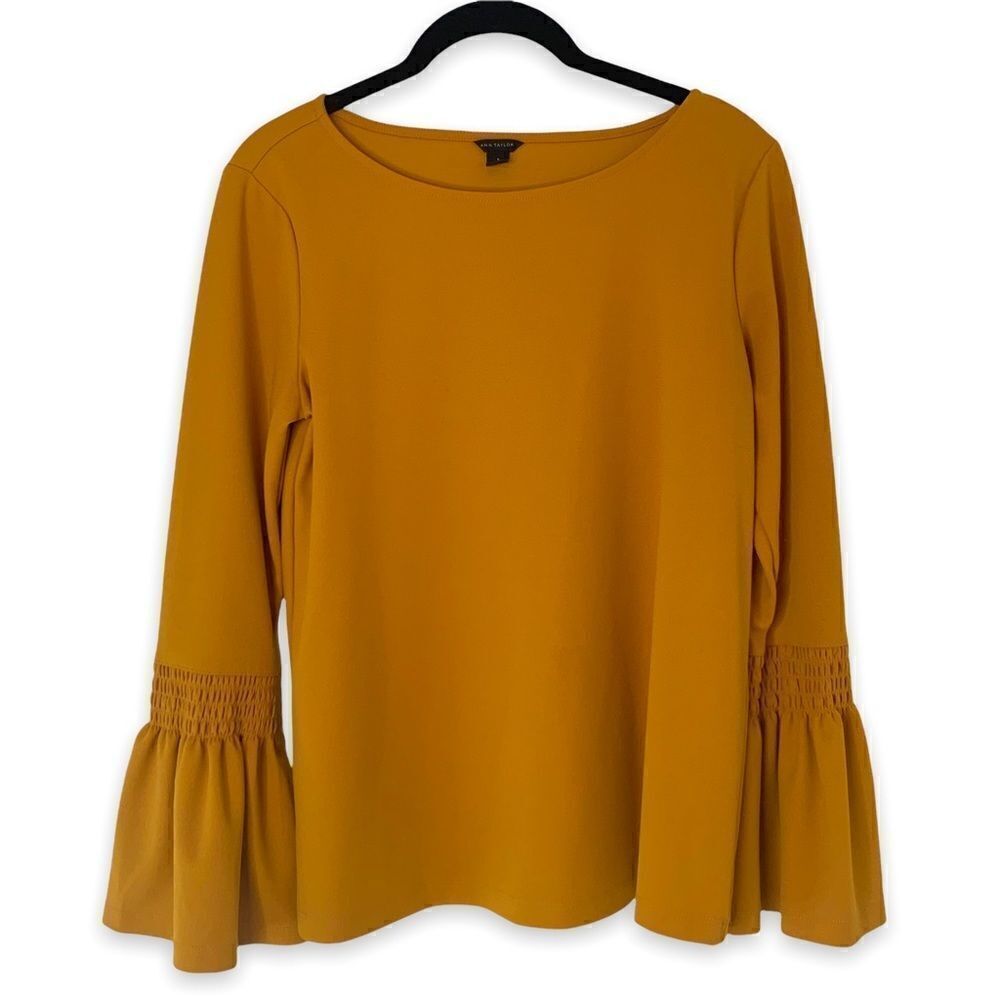 Ann Taylor Golden Yellow Smocked Bell Sleeve Blouse Size S